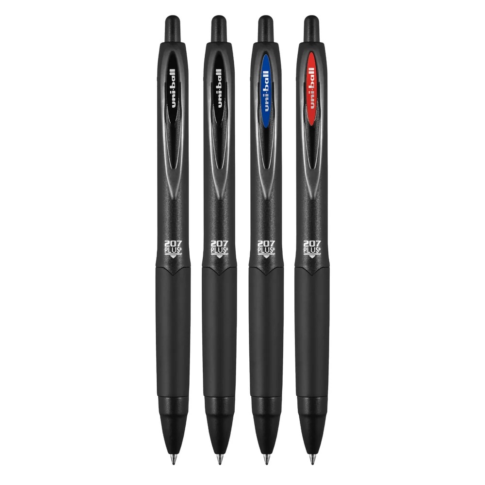 Four black uni-ball 207 Plus+ pens standing upright.