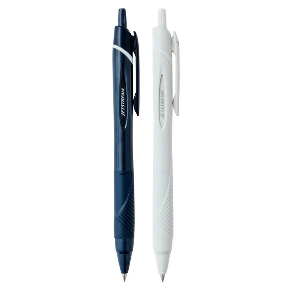 Navy and white JETSTREAM Elements pens standing upright.