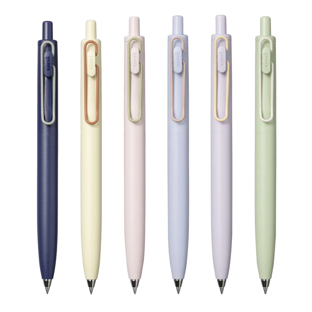 Six Uni-ball One F pens in assorted colors.