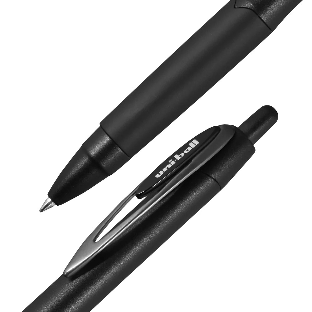 Close-up of a black uni-ball pen.