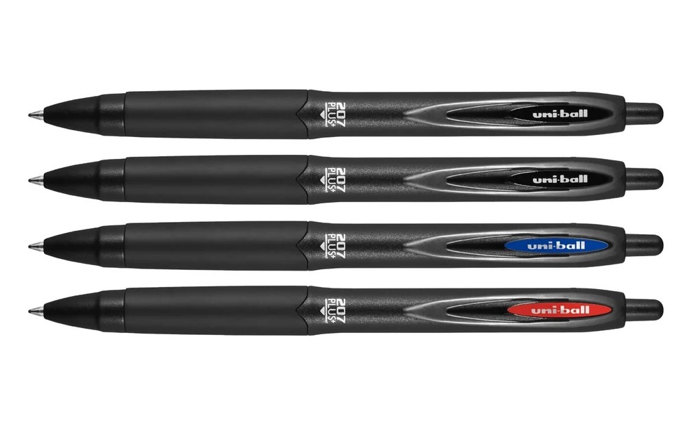 Four black uni-ball 207 Plus+ pens lying side by side.