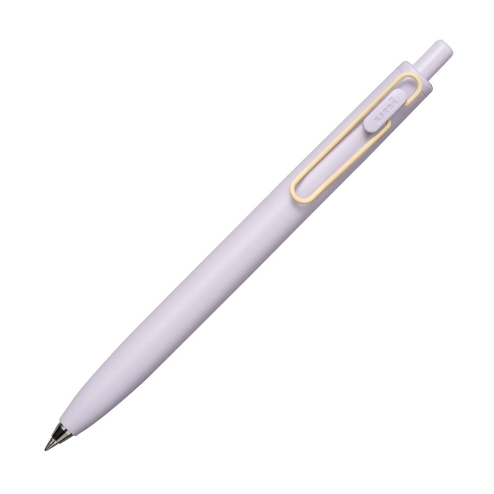 Lilac Uni-ball One F pen with a yellow clip.