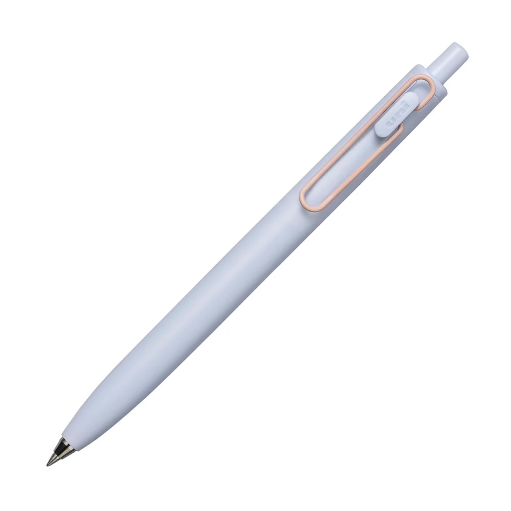 Periwinkle blue Uni-ball One F pen with a peach clip.