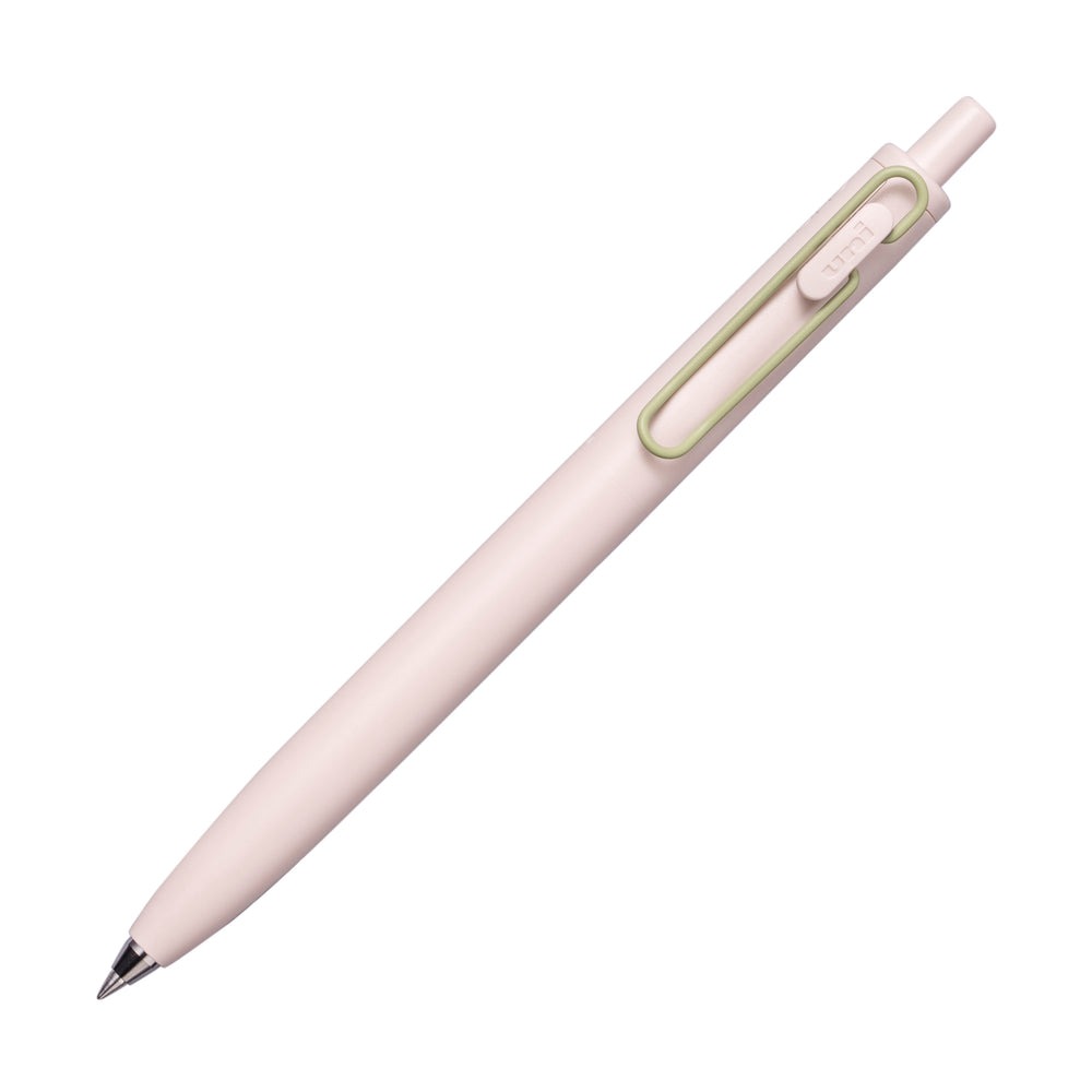 Cotton pink Uni-ball One F pen with a sage green clip.