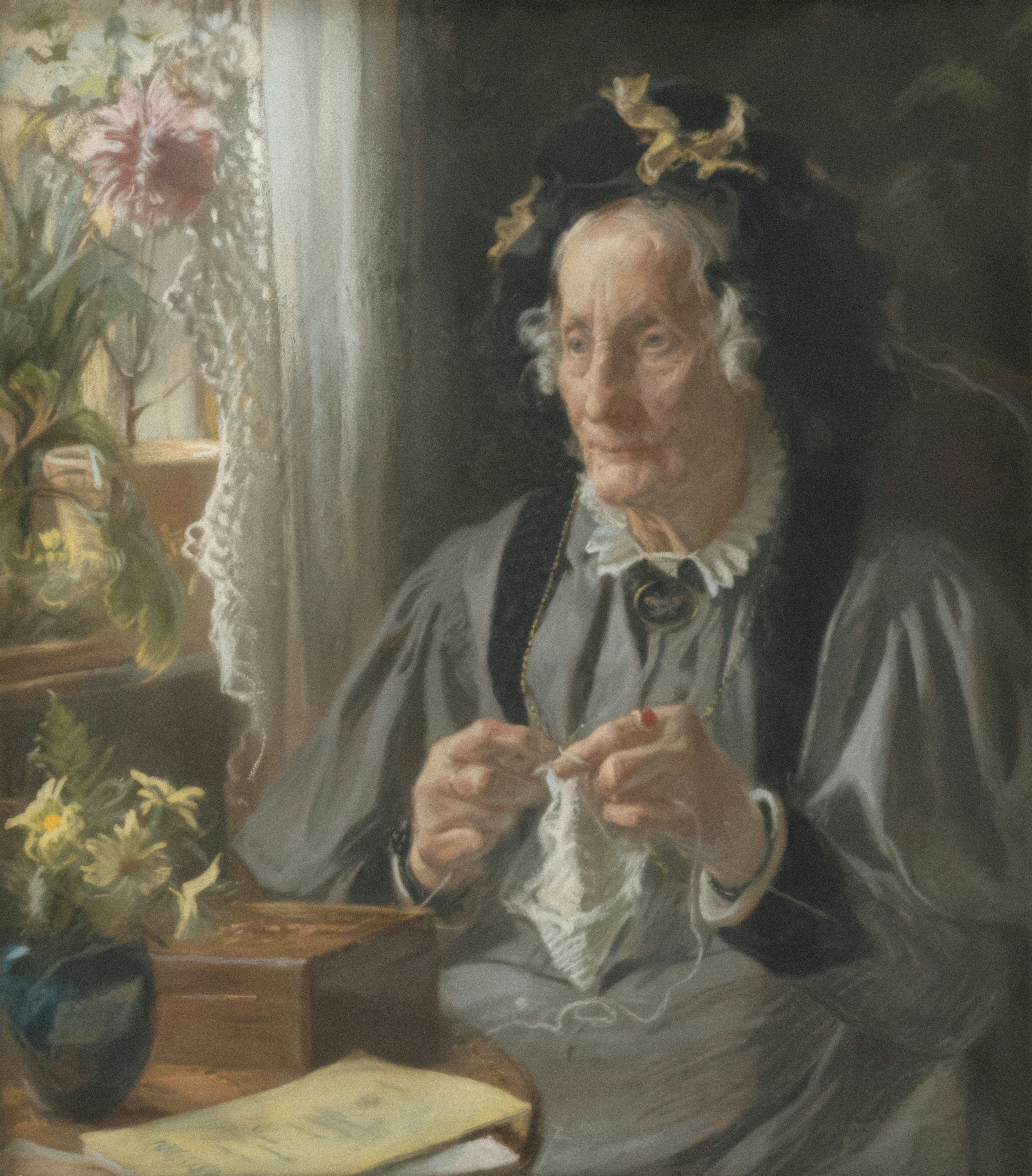 A painting of an elderly woman sewing.