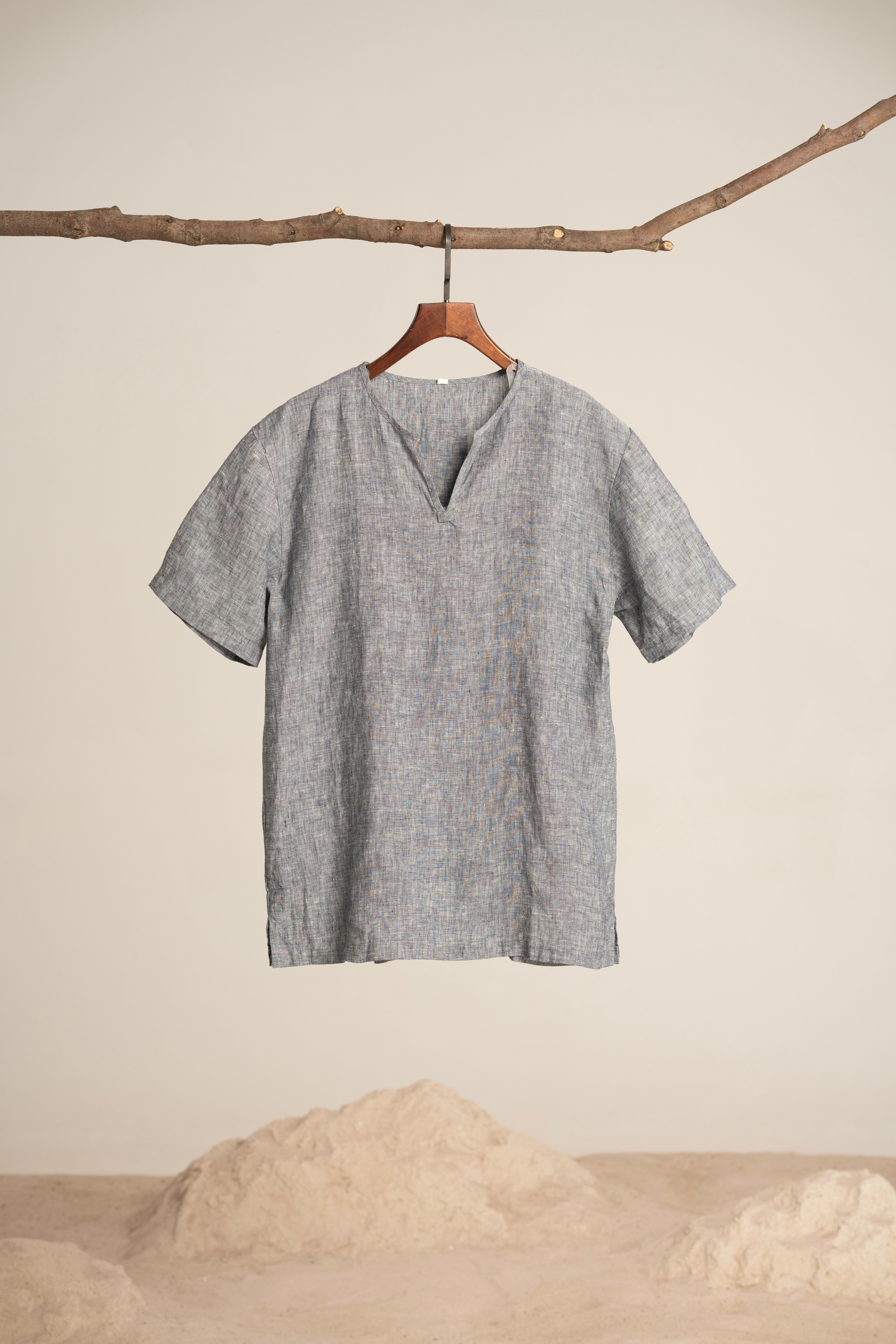 Gray shirt.
